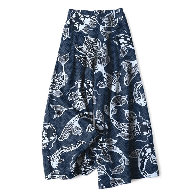 Buddha Stones Pantaloni da donna a gamba larga con elastico in vita e tasche, in cotone e lino, con fantasia artistica di laghetto con carpe koi. - Marina - US16, UK/AU20, EU48 (3XL) - image 0