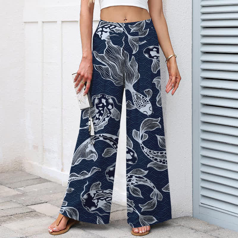 Buddha Stones Pantaloni da donna a gamba larga con elastico in vita e tasche, in cotone e lino, con fantasia artistica di laghetto con carpe koi. - image 1