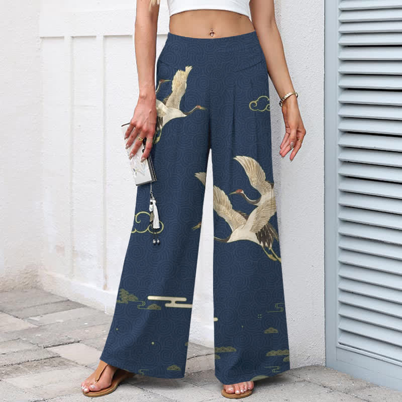 Buddha Stones Pantaloni da donna a gamba larga con elastico in vita e tasche, in cotone e lino, con motivo orientale di gru e nuvole. - image 1