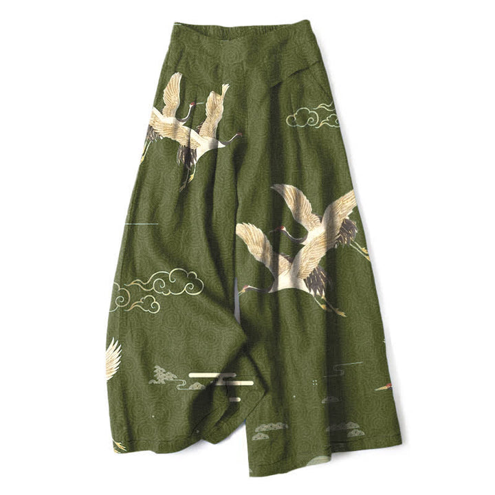 Buddha Stones Pantaloni da donna a gamba larga con elastico in vita e tasche, in cotone e lino, con motivo orientale di gru e nuvole. - Verde oliva - US16, UK/AU20, EU48 (3XL) - image 6