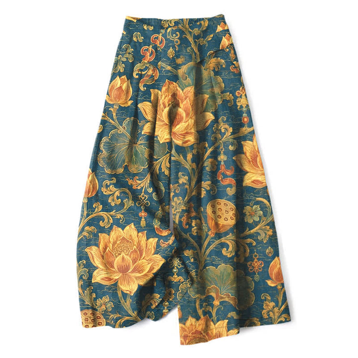 Buddha Stones Pantaloni da donna a gamba larga con elastico in vita e tasche, in cotone e lino, con fantasia floreale vintage a loto. - Verde acqua - US16, UK/AU20, EU48 (3XL) - image 0