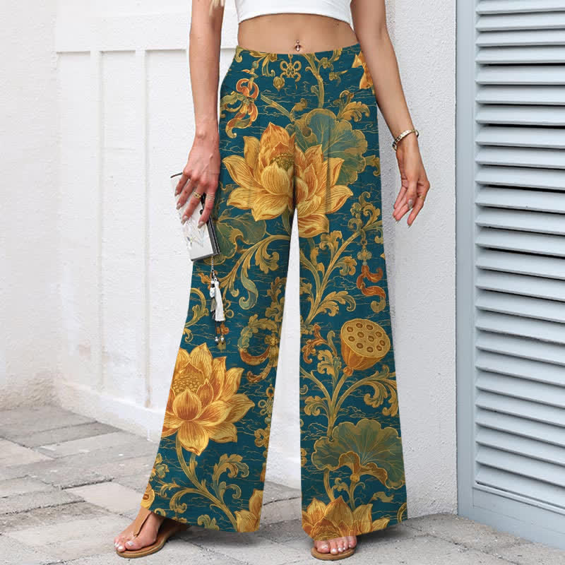 Buddha Stones Pantaloni da donna a gamba larga con elastico in vita e tasche, in cotone e lino, con fantasia floreale vintage a loto. - image 1