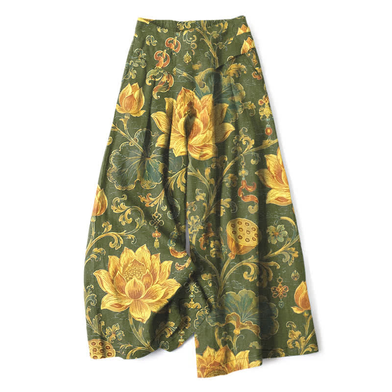 Buddha Stones Pantaloni da donna a gamba larga con elastico in vita e tasche, in cotone e lino, con fantasia floreale vintage a loto. - Verde oliva - US16, UK/AU20, EU48 (3XL) - image 4