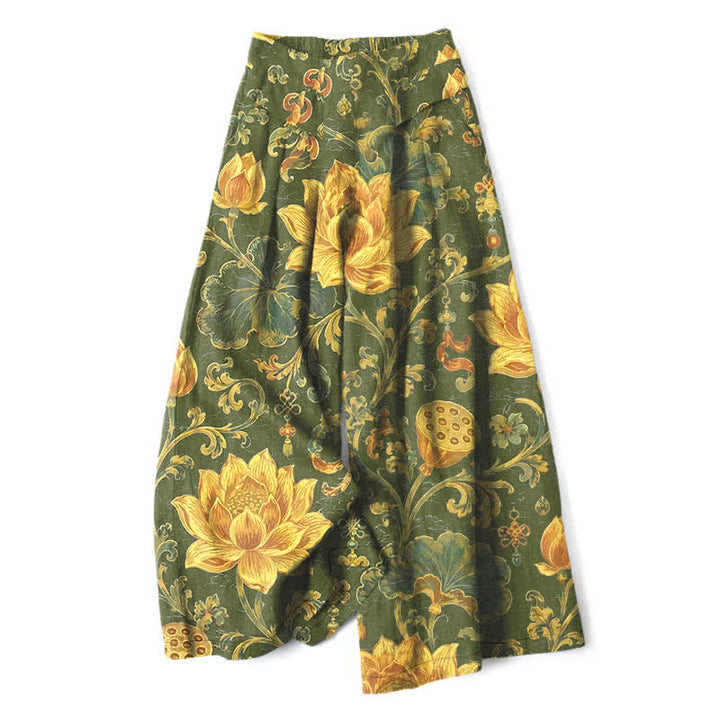 Buddha Stones Pantaloni da donna a gamba larga con elastico in vita e tasche, in cotone e lino, con fantasia floreale vintage a loto. - Verde oliva - US16, UK/AU20, EU48 (3XL) - image 4
