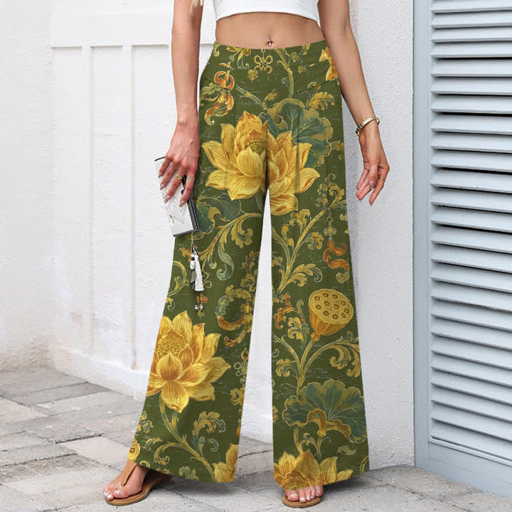 Buddha Stones Pantaloni da donna a gamba larga con elastico in vita e tasche, in cotone e lino, con fantasia floreale vintage a loto. - image 5