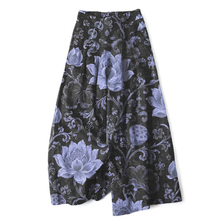 Buddha Stones Pantaloni da donna a gamba larga con elastico in vita e tasche, in cotone e lino, con fantasia floreale vintage a loto. - Nero - US16, UK/AU20, EU48 (3XL) - image 6