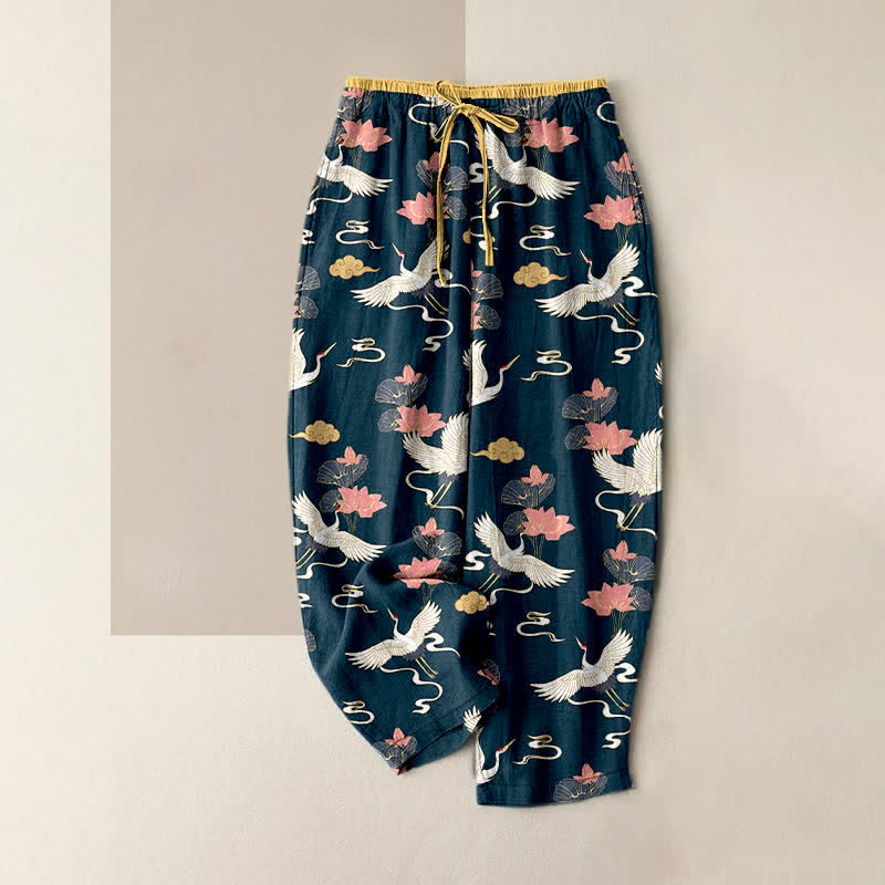 Buddha Stones Pantaloni da donna in puro cotone con elastico in vita e tasche, fantasia vintage con loto e gru. - Grigio ardesia scuro - US16, UK/AU20, EU48 (3XL) - image 0