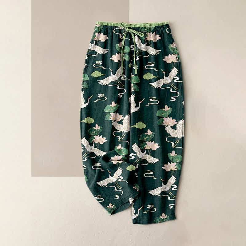 Buddha Stones Pantaloni da donna in puro cotone con elastico in vita e tasche, fantasia vintage con loto e gru. - Verde mare - US16, UK/AU20, EU48 (3XL) - image 4