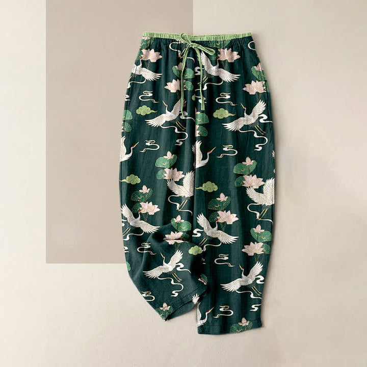 Buddha Stones Pantaloni da donna in puro cotone con elastico in vita e tasche, fantasia vintage con loto e gru. - Verde mare - US16, UK/AU20, EU48 (3XL) - image 4