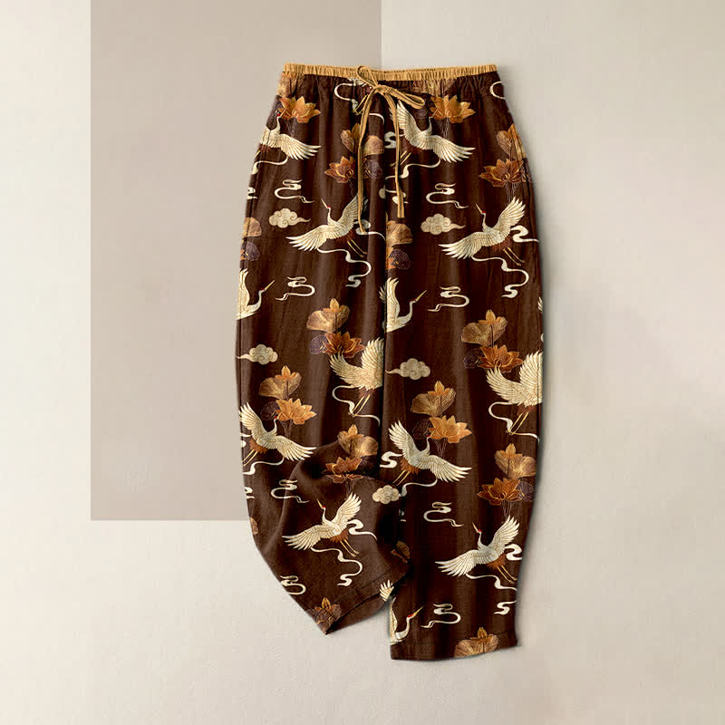 Buddha Stones Pantaloni da donna in puro cotone con elastico in vita e tasche, fantasia vintage con loto e gru. - Marrone sella - US16, UK/AU20, EU48 (3XL) - image 5