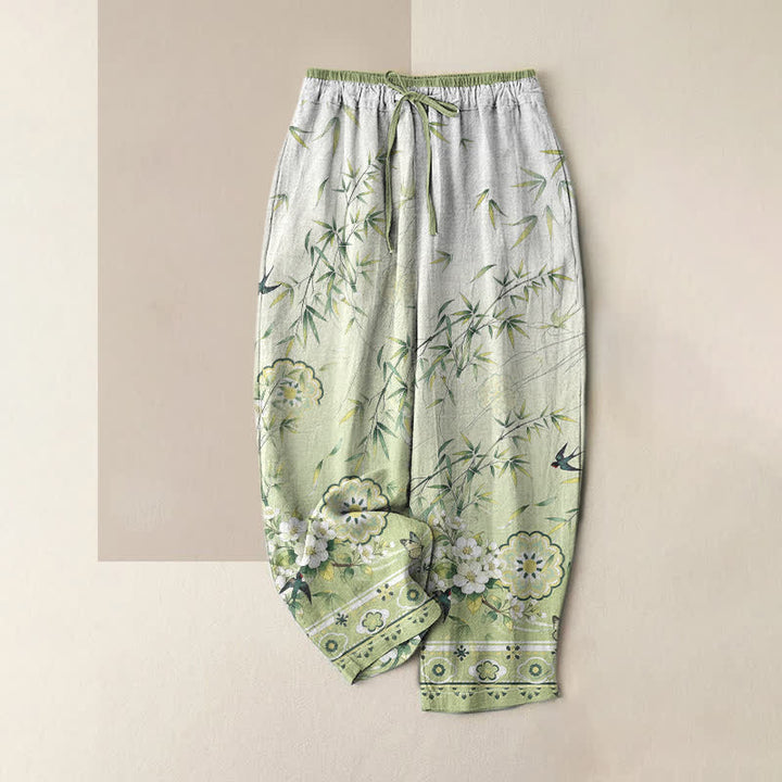 Buddha Stones Pantaloni da donna in puro cotone con elastico in vita e tasche, fantasia orientale a fiori di bambù. - Verde pallido - US16, UK/AU20, EU48 (3XL) - image 0