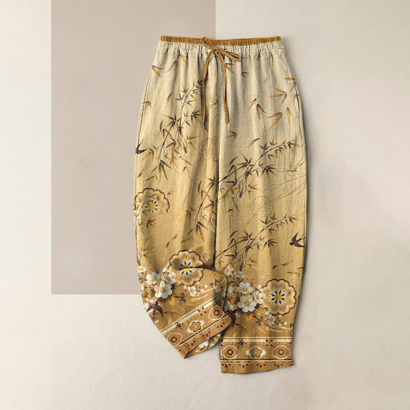 Buddha Stones Pantaloni da donna in puro cotone con elastico in vita e tasche, fantasia orientale a fiori di bambù. - Verga d'oro - US16, UK/AU20, EU48 (3XL) - image 4