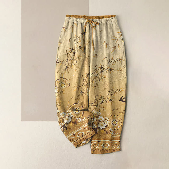 Buddha Stones Pantaloni da donna in puro cotone con elastico in vita e tasche, fantasia orientale a fiori di bambù. - Verga d'oro - US16, UK/AU20, EU48 (3XL) - image 4