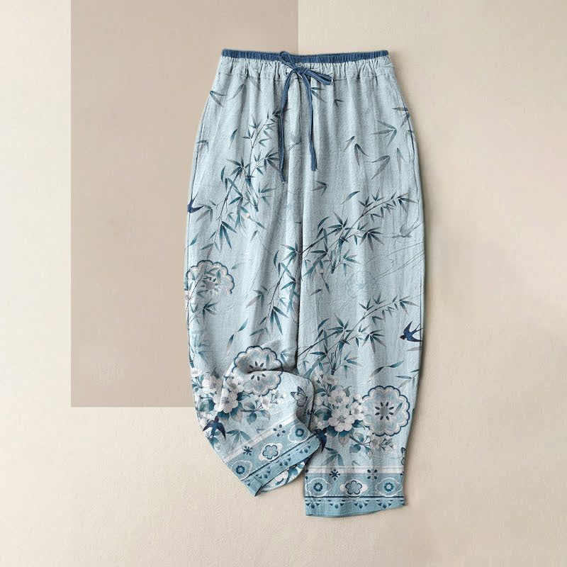 Buddha Stones Pantaloni da donna in puro cotone con elastico in vita e tasche, fantasia orientale a fiori di bambù. - Turchese - US16, UK/AU20, EU48 (3XL) - image 5
