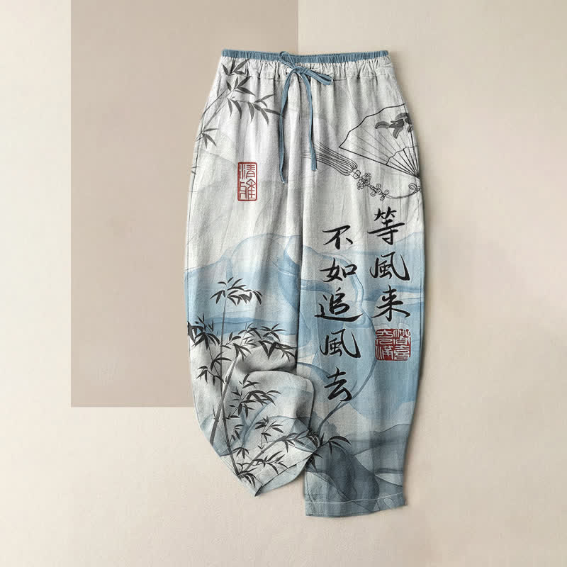 Buddha Stones Pantaloni da donna in puro cotone con elastico in vita e tasche, fantasia orientale bambù. - Azzurro cielo chiaro - US16, UK/AU20, EU48 (3XL) - image 0