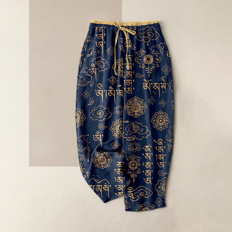 Buddha Stones Pantaloni da donna in puro cotone con elastico in vita e tasche, con motivo a scrittura tibetana. - Marina - US16, UK/AU20, EU48 (3XL) - image 0