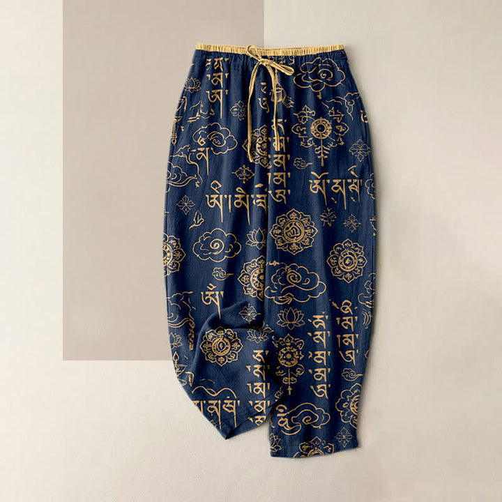 Buddha Stones Pantaloni da donna in puro cotone con elastico in vita e tasche, con motivo a scrittura tibetana. - Marina - US16, UK/AU20, EU48 (3XL) - image 0