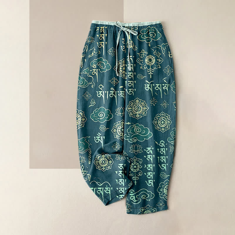 Buddha Stones Pantaloni da donna in puro cotone con elastico in vita e tasche, con motivo a scrittura tibetana. - Verde acqua - US16, UK/AU20, EU48 (3XL) - image 4