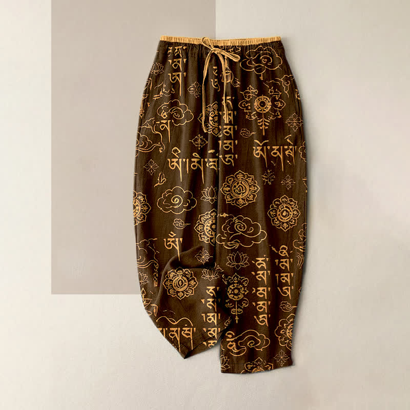 Buddha Stones Pantaloni da donna in puro cotone con elastico in vita e tasche, con motivo a scrittura tibetana. - Marrone sella - US16, UK/AU20, EU48 (3XL) - image 5