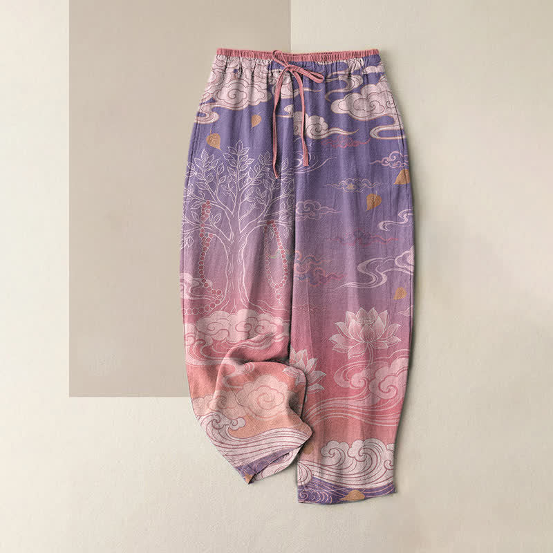 Buddha Stones Pantaloni da donna in puro cotone con elastico in vita e tasche, fantasia sfumata "Lotus Cloud". - Rosa - US16, UK/AU20, EU48 (3XL) - image 3