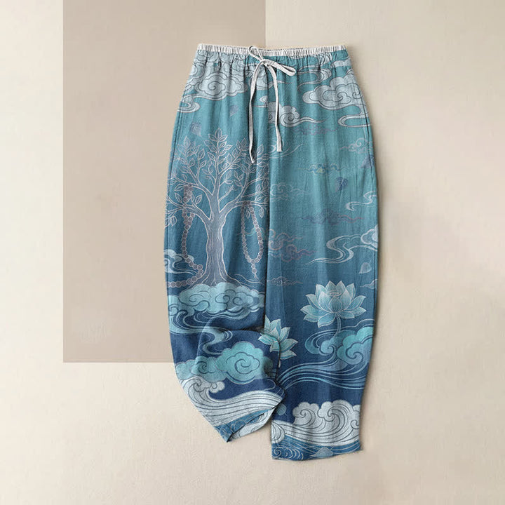 Buddha Stones Pantaloni da donna in puro cotone con elastico in vita e tasche, fantasia sfumata "Lotus Cloud". - Blu cielo profondo - US16, UK/AU20, EU48 (3XL) - image 4