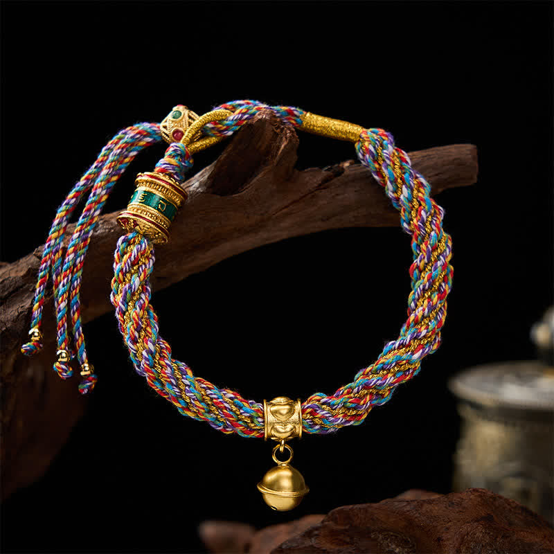 Buddha Stones Braccialetto con ciondolo a campana Om Mani Padme Hum (Forza) tibetano, multicolore, con corda intrecciata. - image 1