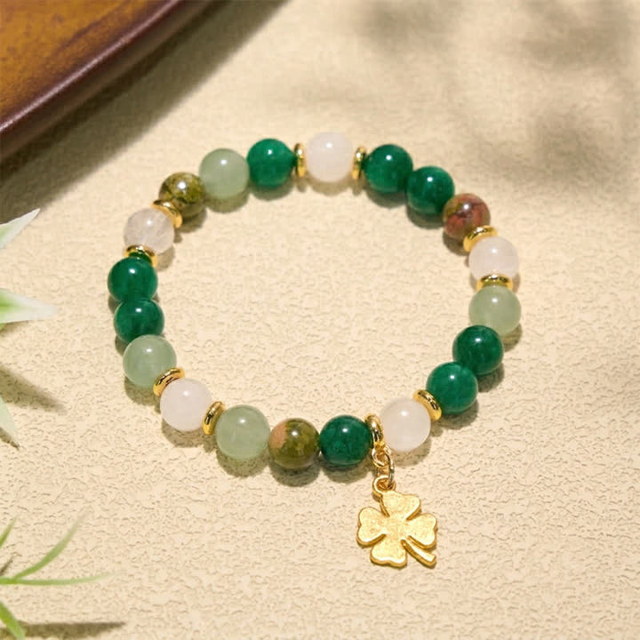 Buddha Stones Bracciale rotondo con perline portafortuna a quadrifoglio in avventurina verde. - image 8