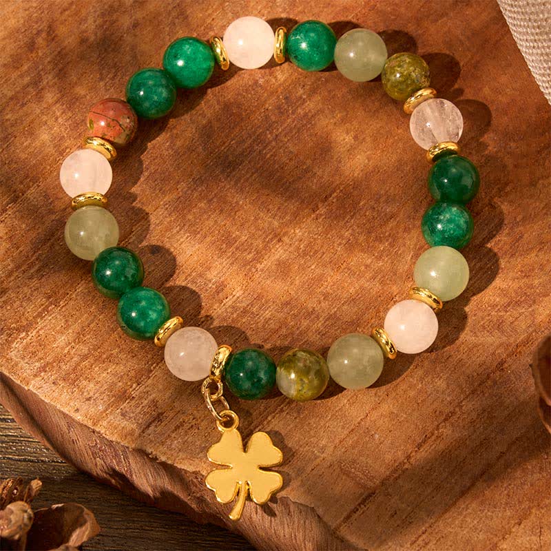 Buddha Stones Bracciale rotondo con perline portafortuna a quadrifoglio in avventurina verde. - image 7