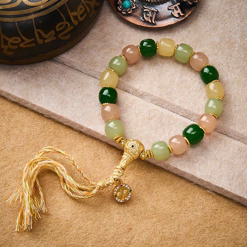 Buddha Stones Bracciale Harmony con perle rettangolari arrotondate in giada ciano e quarzite. - image 4