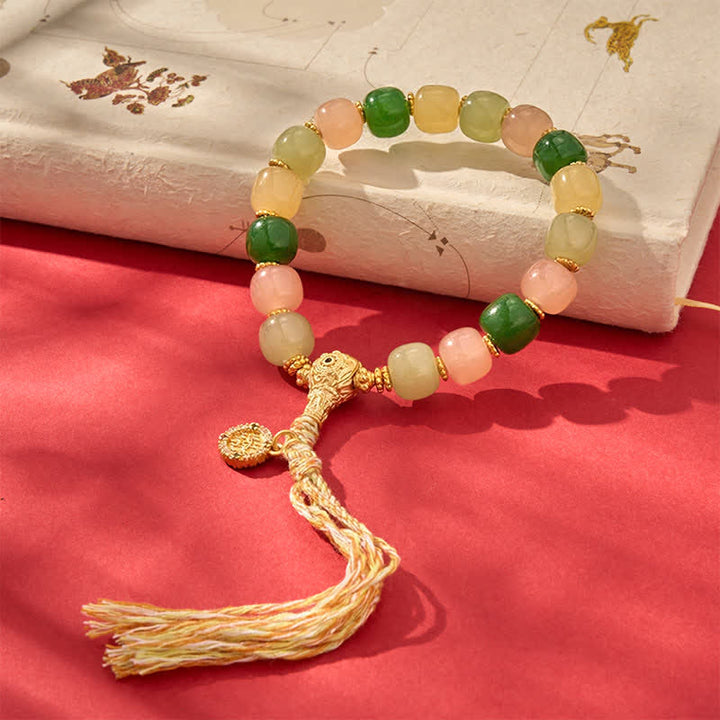 Buddha Stones Bracciale Harmony con perle rettangolari arrotondate in giada ciano e quarzite. - image 7
