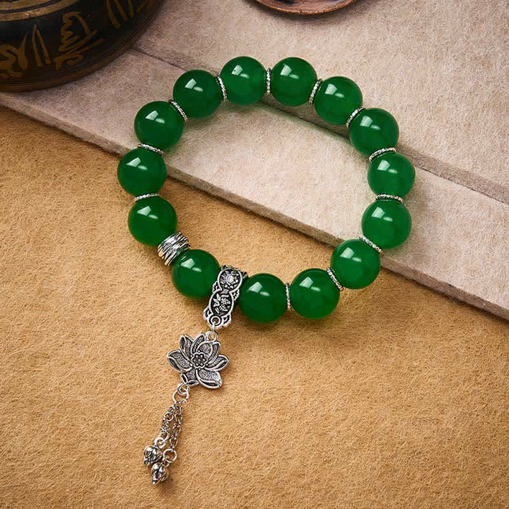 Buddha Stones Bracciale protettivo con perline di giada e quarzite verde naturale con ciondolo a forma di loto. - image 3