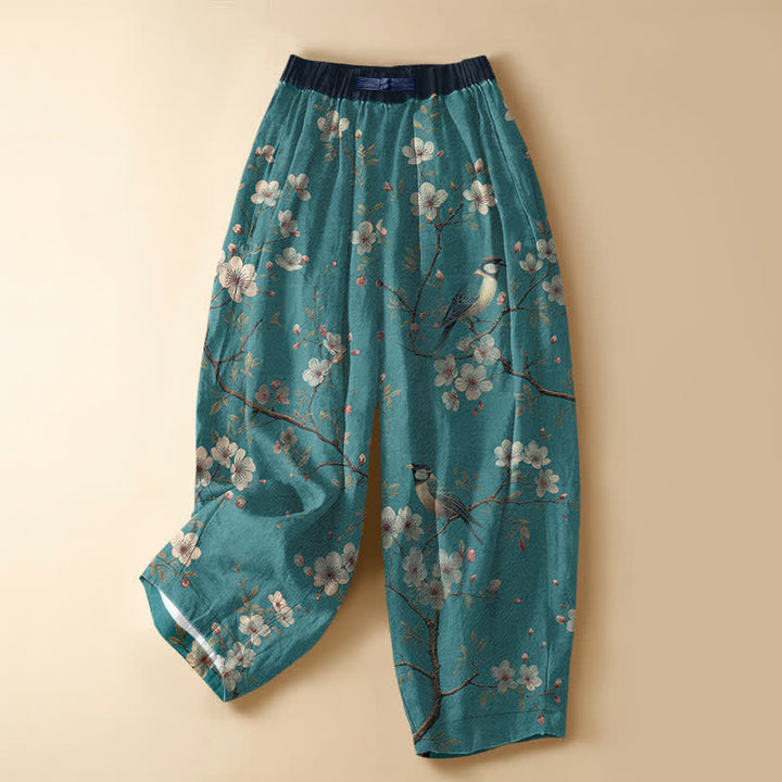 Buddha Stones Pantaloni harem da donna in puro cotone con motivo vintage di fiori e uccelli, bottoni a rana e vita elasticizzata, con tasche. - Turchese medio - US16, UK/AU20, EU48 (3XL) - image 0