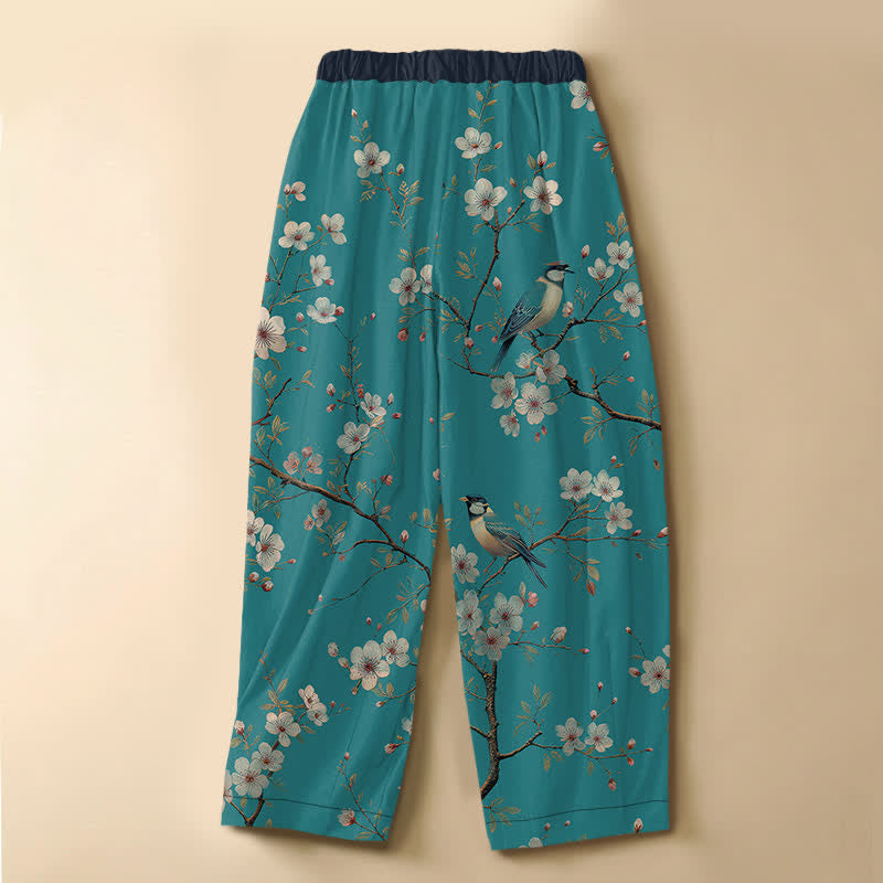 Buddha Stones Pantaloni harem da donna in puro cotone con motivo vintage di fiori e uccelli, bottoni a rana e vita elasticizzata, con tasche. - image 1