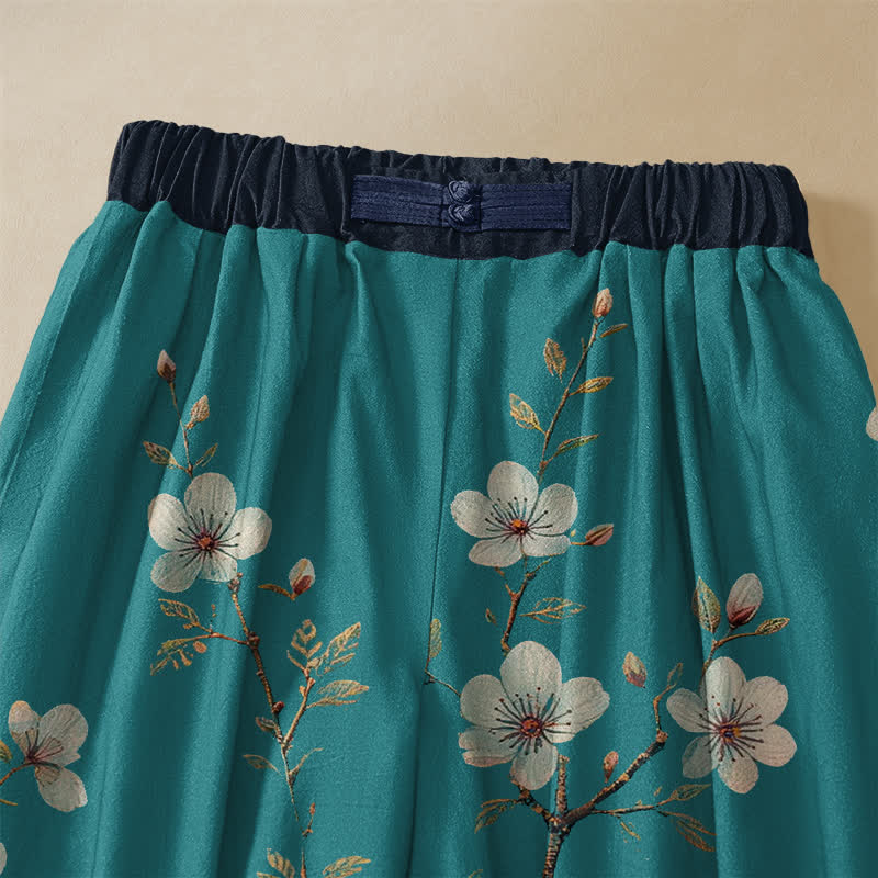 Buddha Stones Pantaloni harem da donna in puro cotone con motivo vintage di fiori e uccelli, bottoni a rana e vita elasticizzata, con tasche. - image 2
