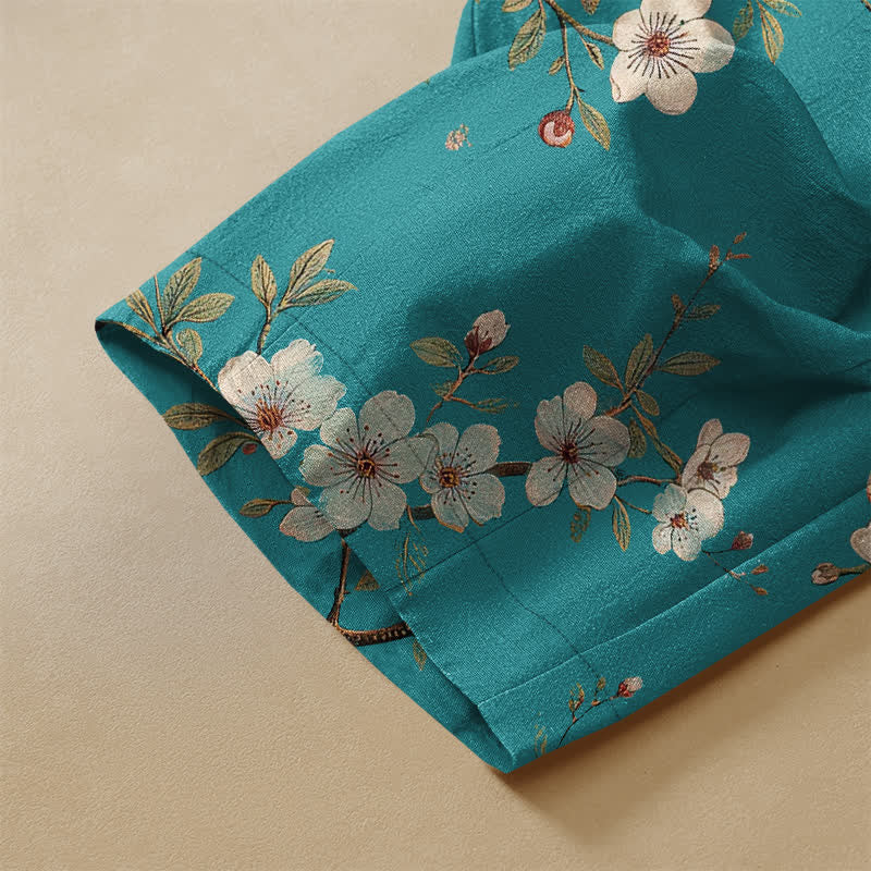Buddha Stones Pantaloni harem da donna in puro cotone con motivo vintage di fiori e uccelli, bottoni a rana e vita elasticizzata, con tasche. - image 3