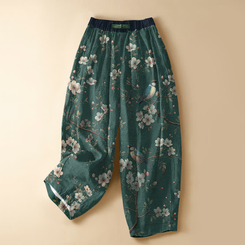 Buddha Stones Pantaloni harem da donna in puro cotone con motivo vintage di fiori e uccelli, bottoni a rana e vita elasticizzata, con tasche. - Verde acqua - US16, UK/AU20, EU48 (3XL) - image 5