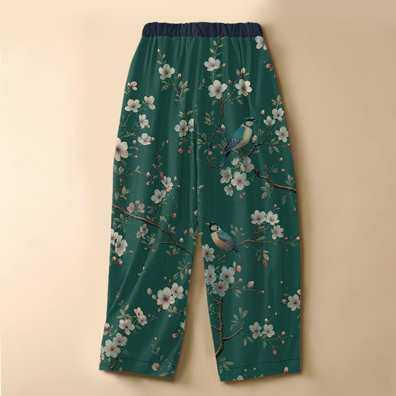 Buddha Stones Pantaloni harem da donna in puro cotone con motivo vintage di fiori e uccelli, bottoni a rana e vita elasticizzata, con tasche. - image 6