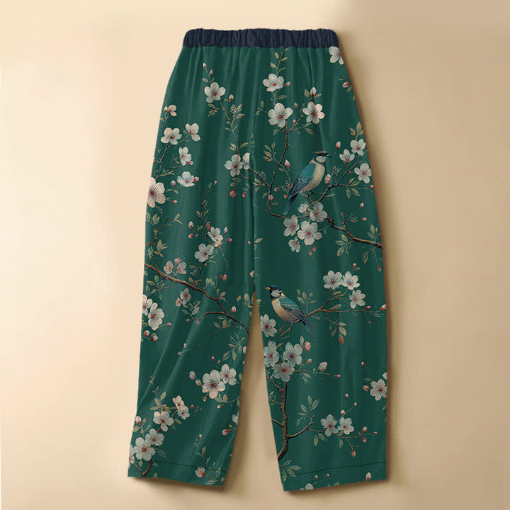 Buddha Stones Pantaloni harem da donna in puro cotone con motivo vintage di fiori e uccelli, bottoni a rana e vita elasticizzata, con tasche. - image 6