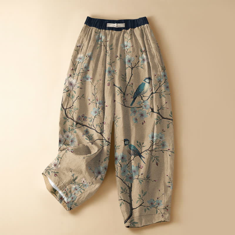 Buddha Stones Pantaloni harem da donna in puro cotone con motivo vintage di fiori e uccelli, bottoni a rana e vita elasticizzata, con tasche. - Tan - US16, UK/AU20, EU48 (3XL) - image 7