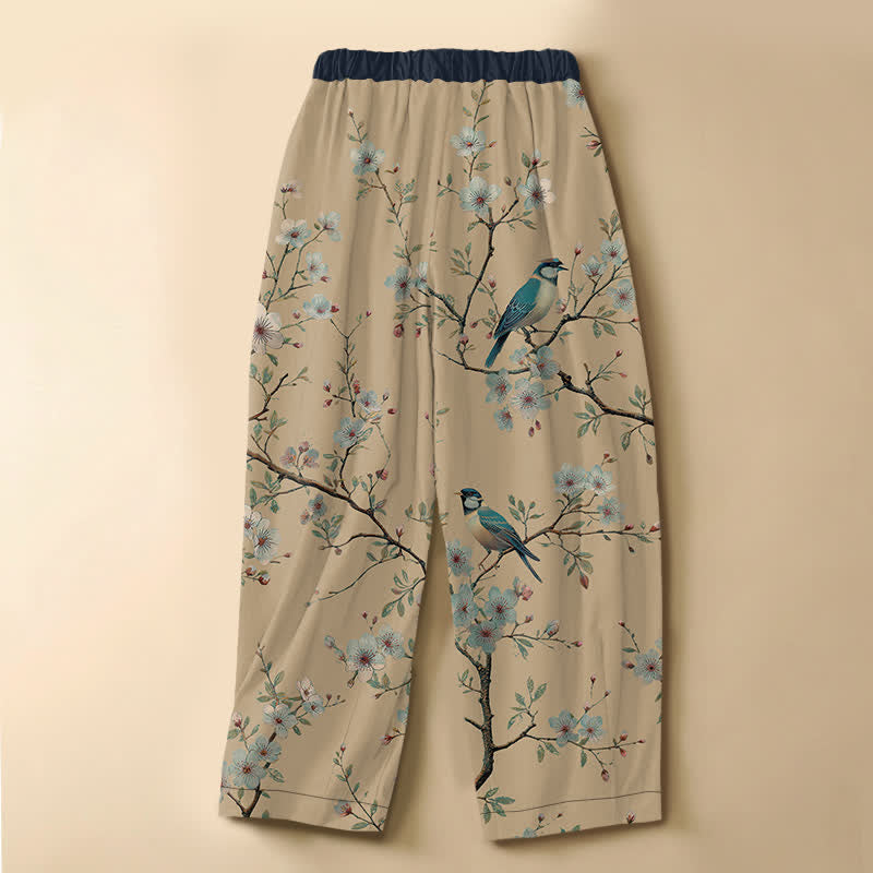 Buddha Stones Pantaloni harem da donna in puro cotone con motivo vintage di fiori e uccelli, bottoni a rana e vita elasticizzata, con tasche. - image 8