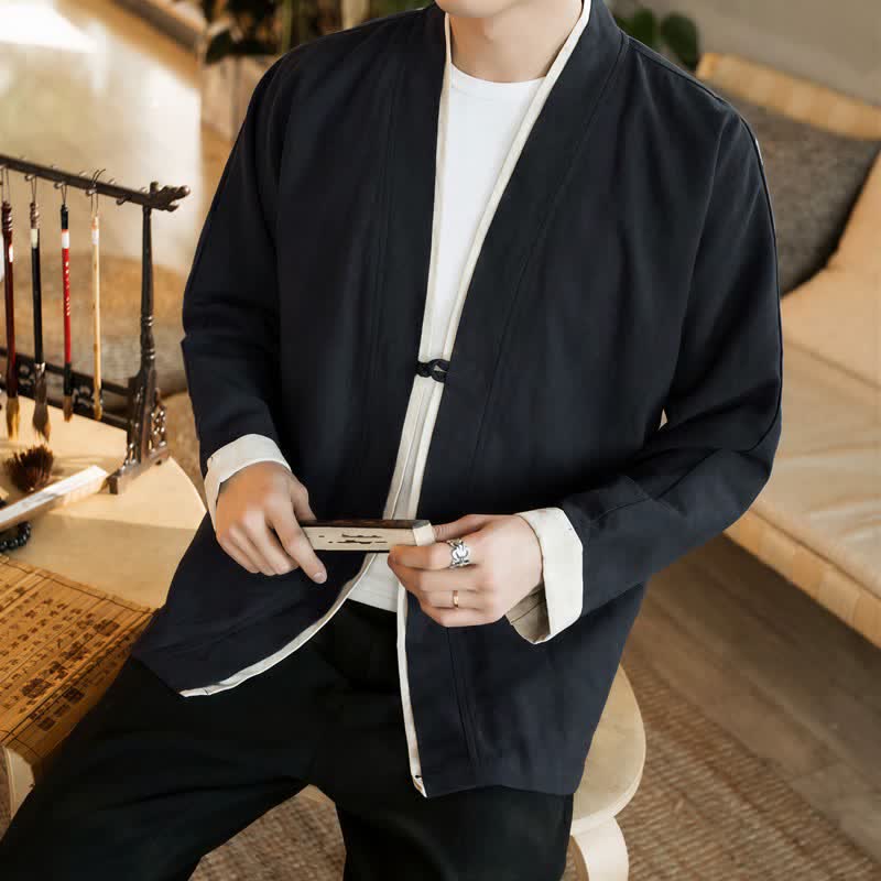 Buddha Stones Kimono da uomo in cotone tinta unita, stile Tang, minimalista, con bottoni a rana, per autunno/inverno. - image 17