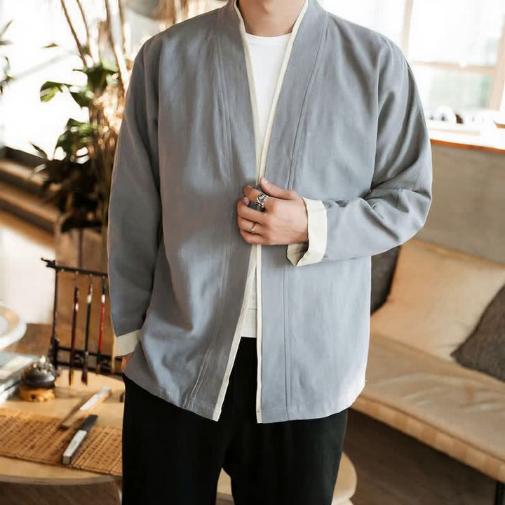 Buddha Stones Kimono da uomo in cotone tinta unita, stile Tang, minimalista, con bottoni a rana, per autunno/inverno. - image 11