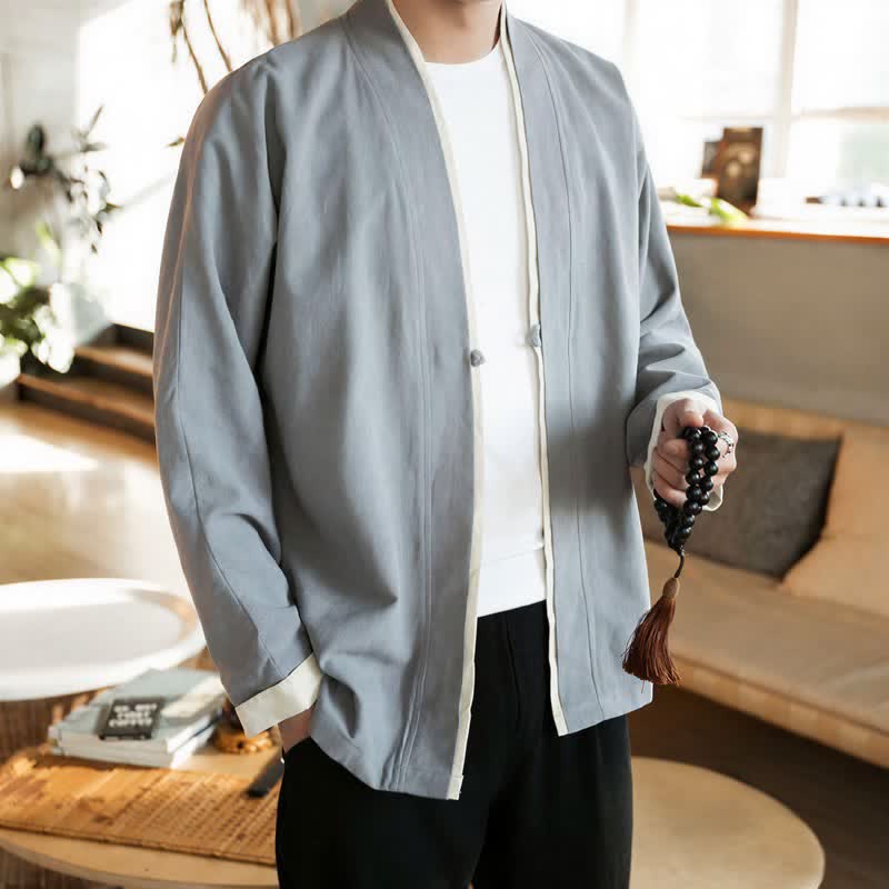 Buddha Stones Kimono da uomo in cotone tinta unita, stile Tang, minimalista, con bottoni a rana, per autunno/inverno. - image 10