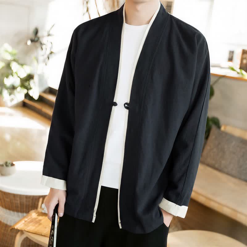 Buddha Stones Kimono da uomo in cotone tinta unita, stile Tang, minimalista, con bottoni a rana, per autunno/inverno. - Nero - US/UK/AU46, EU56 (5XL) - image 13