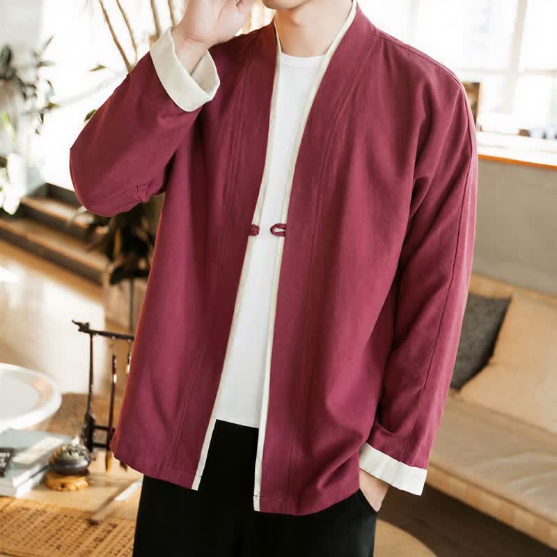 Buddha Stones Kimono da uomo in cotone tinta unita, stile Tang, minimalista, con bottoni a rana, per autunno/inverno. - Marrone - US/UK/AU46, EU56 (5XL) - image 18