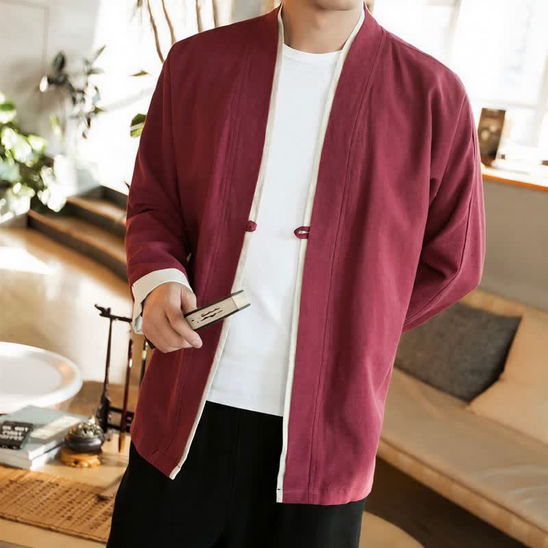 Buddha Stones Kimono da uomo in cotone tinta unita, stile Tang, minimalista, con bottoni a rana, per autunno/inverno. - image 19