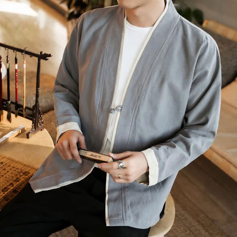 Buddha Stones Kimono da uomo in cotone tinta unita, stile Tang, minimalista, con bottoni a rana, per autunno/inverno. - image 12
