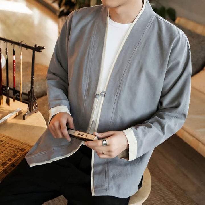 Buddha Stones Kimono da uomo in cotone tinta unita, stile Tang, minimalista, con bottoni a rana, per autunno/inverno. - image 12
