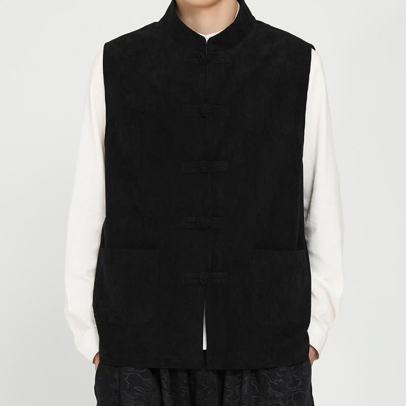 Buddha Stones Canotta da uomo in velluto a coste tinta unita con bottoni a rana, stile vintage autunno/inverno, con tasca. - image 6