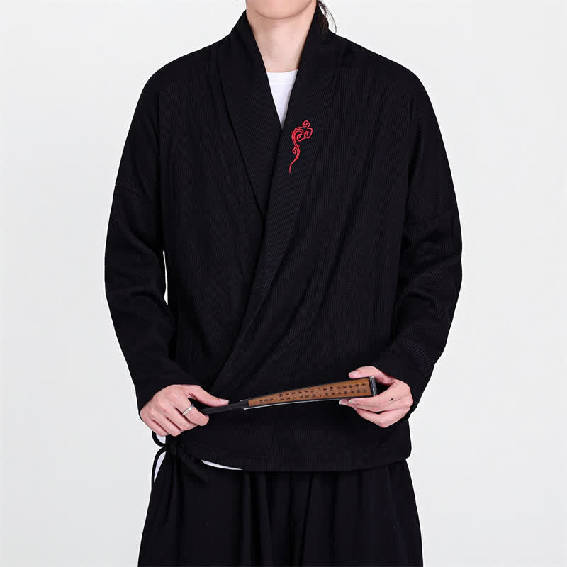Buddha Stones Kimono da uomo casual autunno/inverno in stile Tang con ricami, tinta unita. - image 3